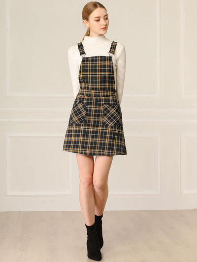 Adjustable Strap Above Knee Plaid Printed Overall Suspender Skirt