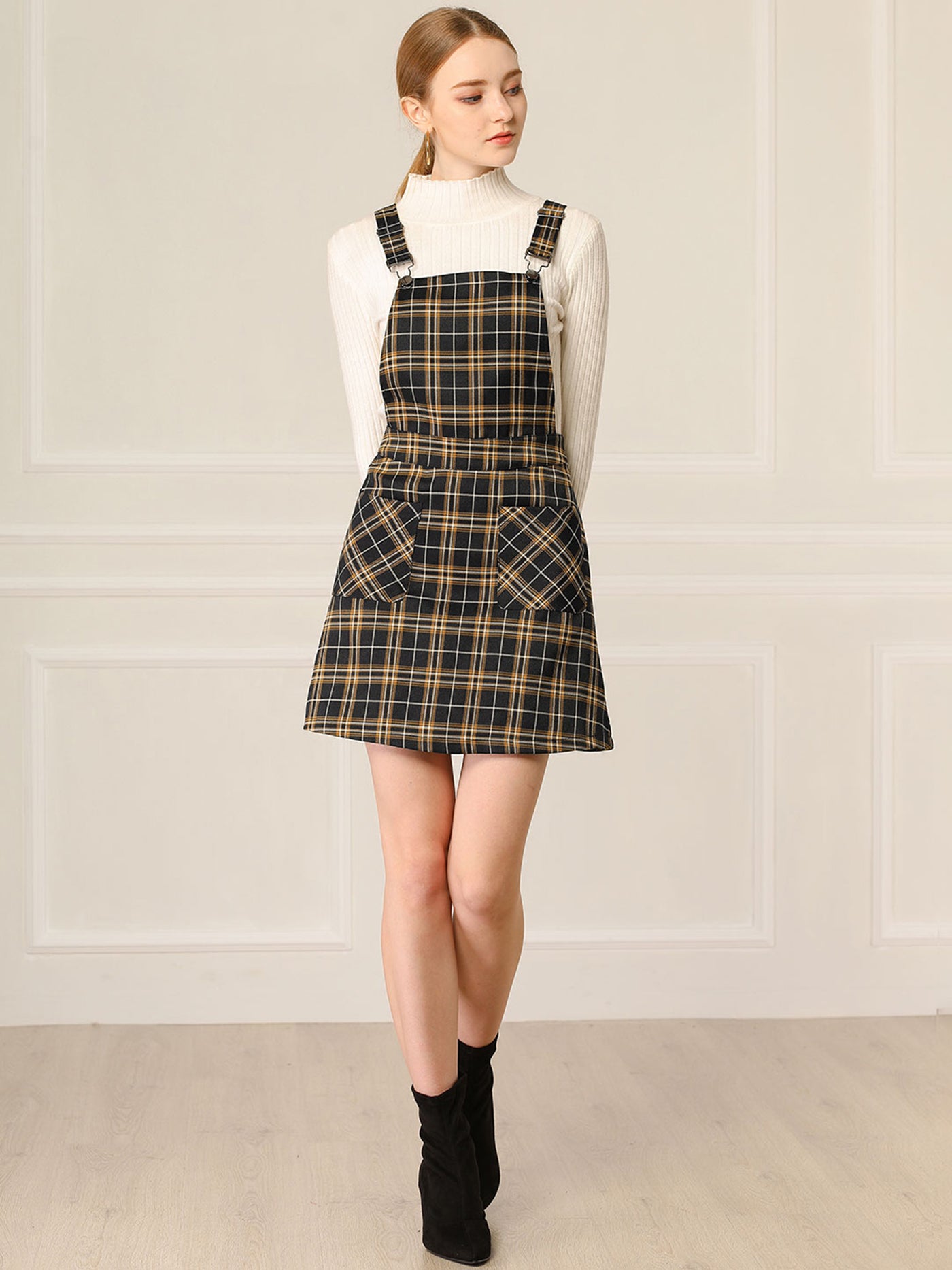 Allegra K Adjustable Strap Above Knee Plaid Printed Overall Suspender Skirt