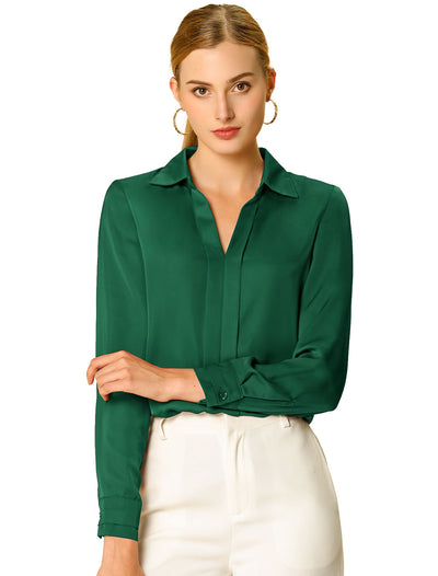 Satin Elegant V Neck Long Sleeve Silky Office Work Blouse