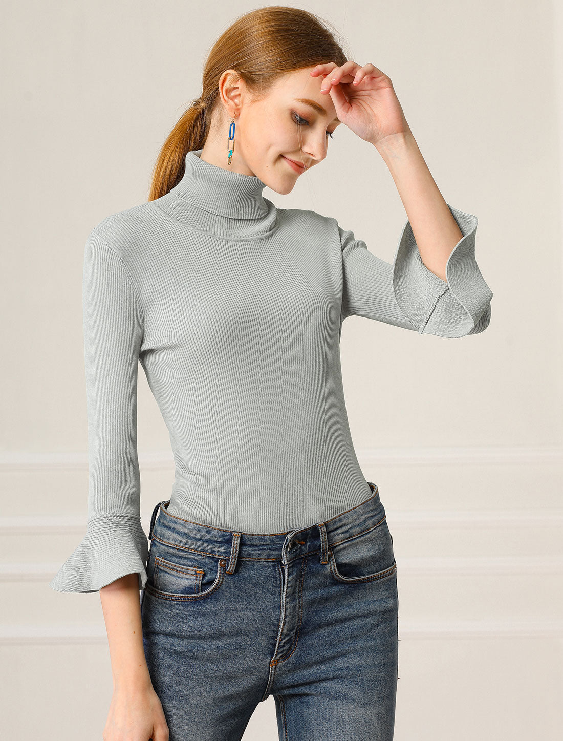 Allegra K Ruffled 3/4 Sleeve Turtleneck Knitted Pullover Sweater