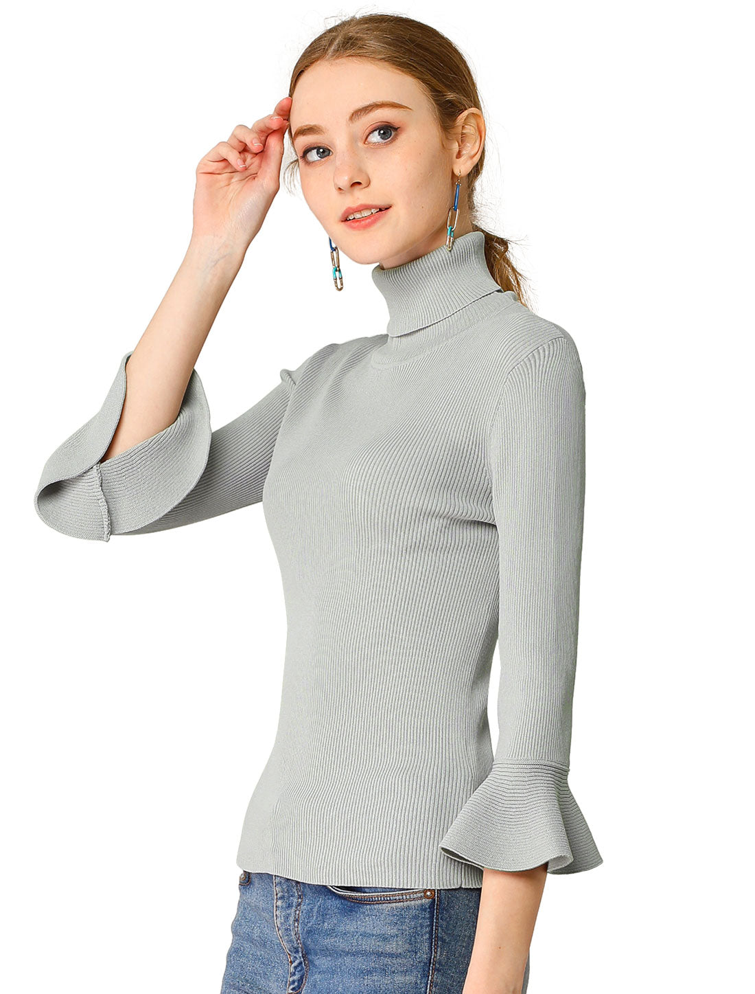 Allegra K Ruffled 3/4 Sleeve Turtleneck Knitted Pullover Sweater