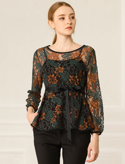 Elegant Tie Waist Long Sleeve Top Lace Peplum Blouses