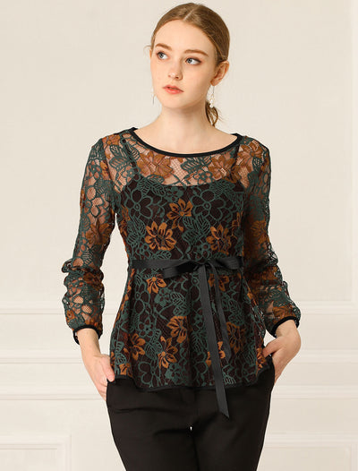 Elegant Tie Waist Long Sleeve Top Lace Peplum Blouses