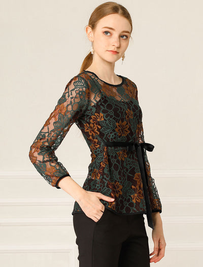 Elegant Tie Waist Long Sleeve Top Lace Peplum Blouses