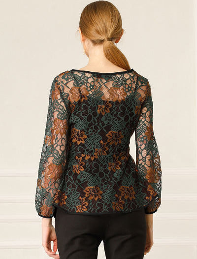 Elegant Tie Waist Long Sleeve Top Lace Peplum Blouses