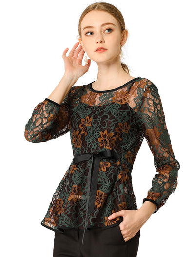 Elegant Tie Waist Long Sleeve Top Lace Peplum Blouses