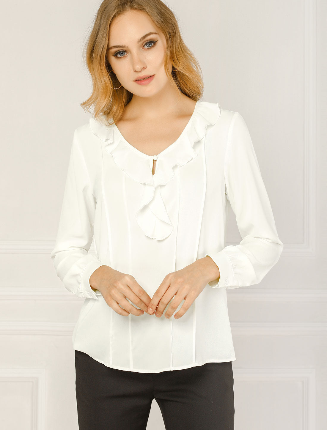 Allegra K Ruffle Neck Pleated Business Casual Henley Button Up Peasant Blouse