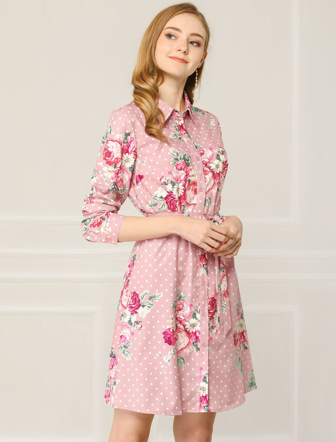 Allegra K Button Down Floral Collar Tie Belted Mini Shirt Dress