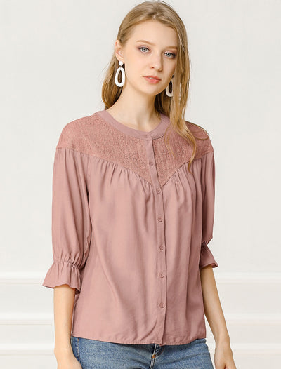 Lace Panel Blouse 3/4 Sleeve Round Neck Button Down Shirt