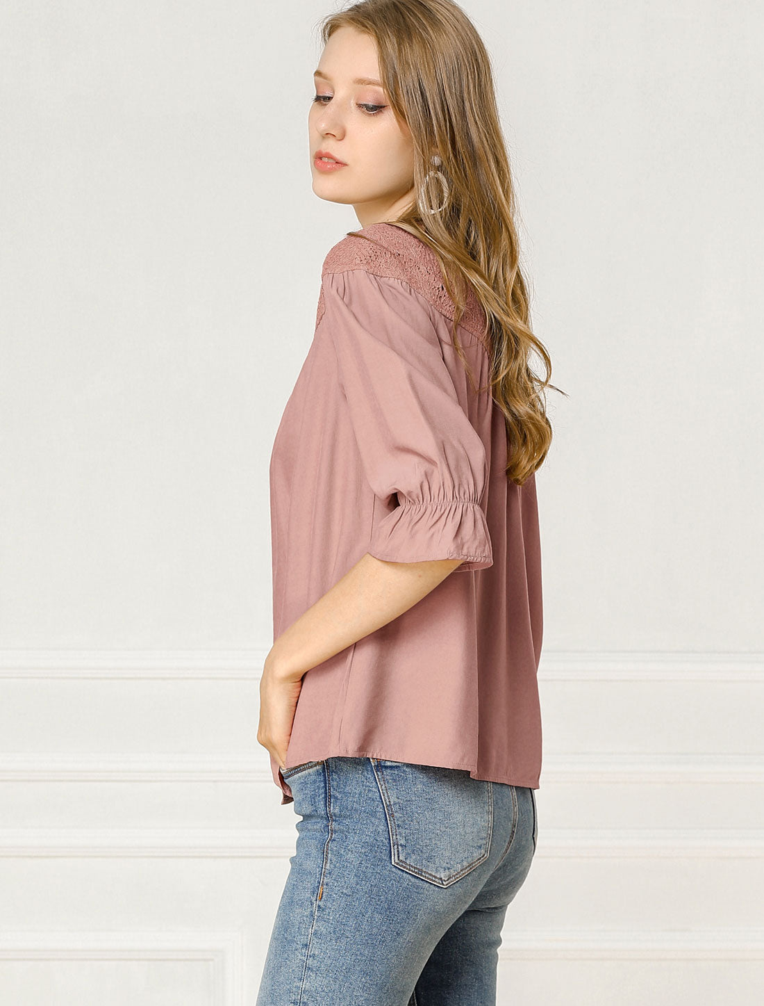 Allegra K Lace Panel Blouse 3/4 Sleeve Round Neck Button Down Shirt