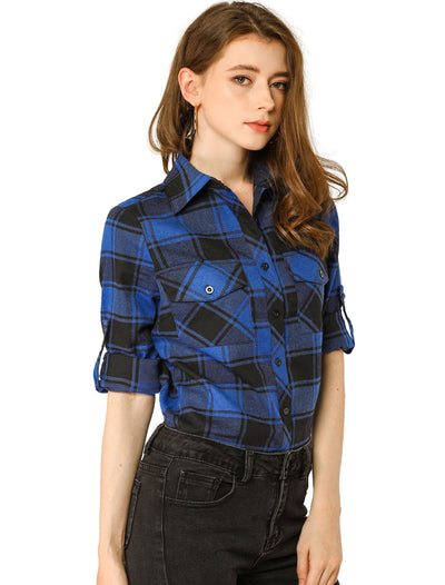 Roll Up Long Sleeve Christmas Button Down Plaid Flannel Shirt Top