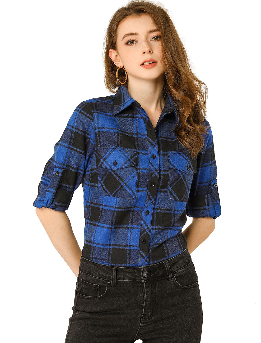 Allegra K Roll Up Long Sleeve Christmas Button Down Plaid Flannel Shirt Top