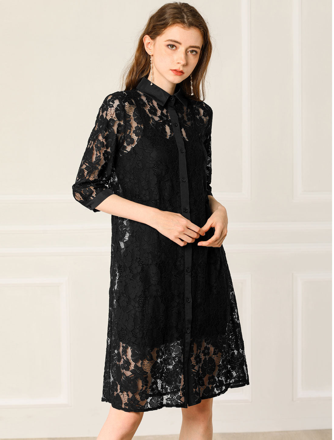 Floral Lace 3/4 Sleeve Belted Panel A-Line Pleated Dress