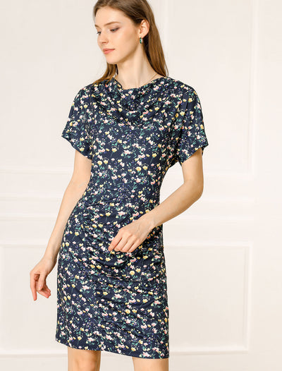 Allegra K Cowl Neck Short Sleeve Ruched Floral Print Dress