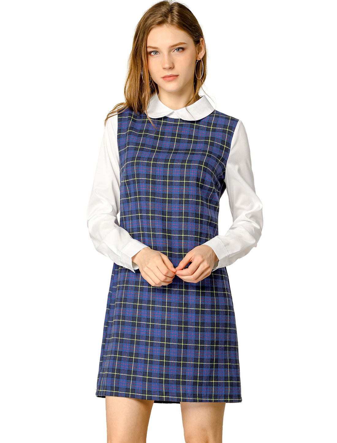 Allegra K Contrast Peter Pan Collar Long Sleeve Shift Plaid Dress