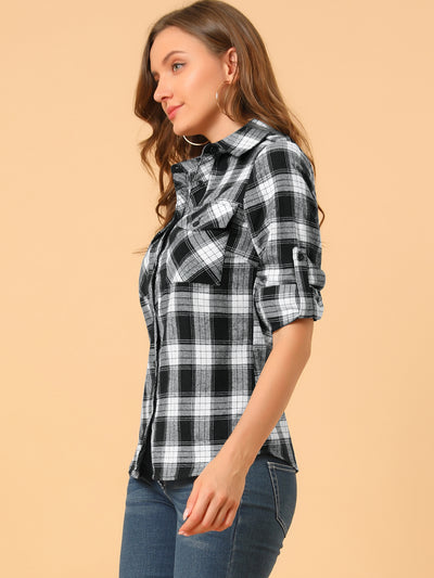 Roll Up Long Sleeve Christmas Button Down Plaid Flannel Shirt Top