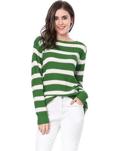 Round Neck Drop Shoulder Color Block Tunic Striped Sweater