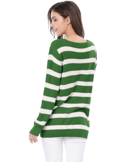 Round Neck Drop Shoulder Color Block Tunic Striped Sweater