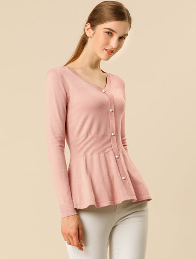 V Neck Long Sleeve Ribbed Pullover Knitted Peplum Top