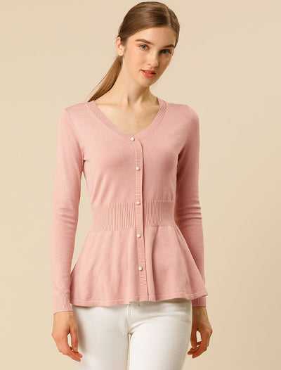 V Neck Long Sleeve Ribbed Pullover Knitted Peplum Top