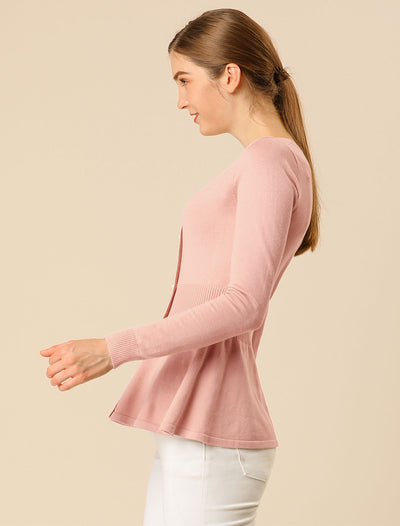 V Neck Long Sleeve Ribbed Pullover Knitted Peplum Top