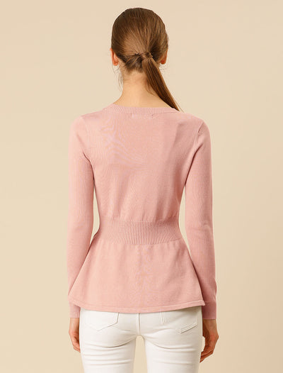 V Neck Long Sleeve Ribbed Pullover Knitted Peplum Top