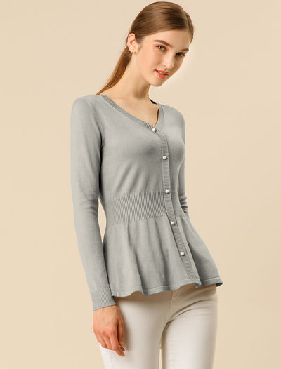 V Neck Long Sleeve Ribbed Pullover Knitted Peplum Top