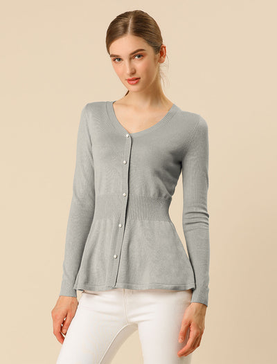 V Neck Long Sleeve Ribbed Pullover Knitted Peplum Top