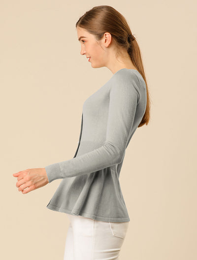 V Neck Long Sleeve Ribbed Pullover Knitted Peplum Top