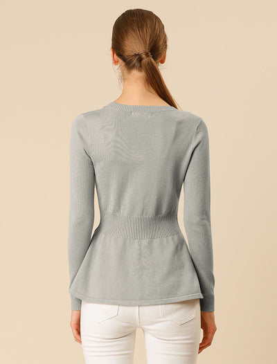 V Neck Long Sleeve Ribbed Pullover Knitted Peplum Top