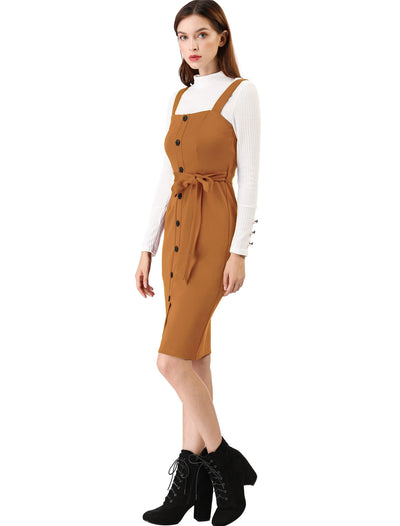 Classic Button Front Sleeveless Tie Waist Pinafore Overall Dress