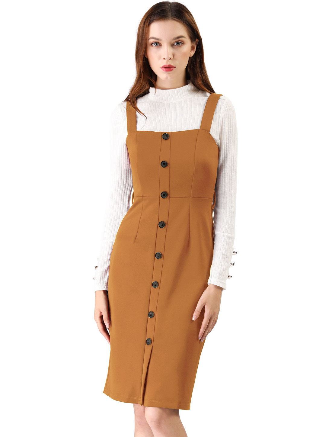 Allegra K Classic Button Front Sleeveless Tie Waist Pinafore Overall Dress