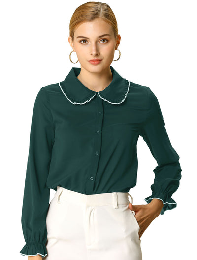 Sweet Ruffle Peter Pan Collar Long Sleeve Button Up Shirt