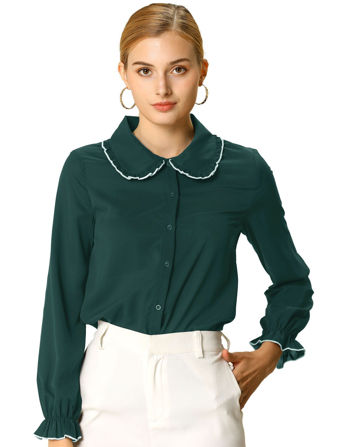 Allegra K Sweet Ruffle Peter Pan Collar Long Sleeve Button Up Shirt