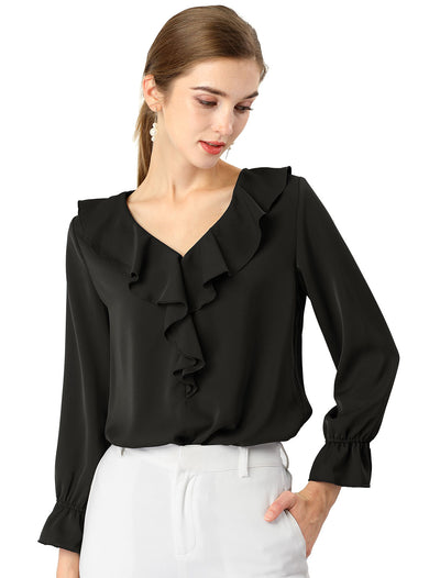 Ruffle Neck Gathered Cuff Long Sleeves Blouse