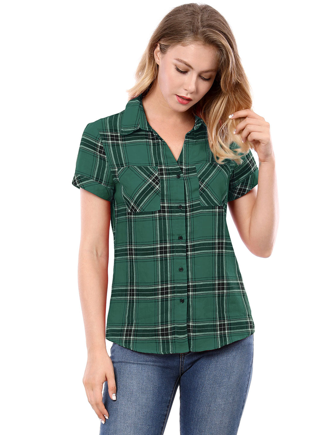 Allegra K Cotton Classic Button Down Plaid Short Sleeve Shirt