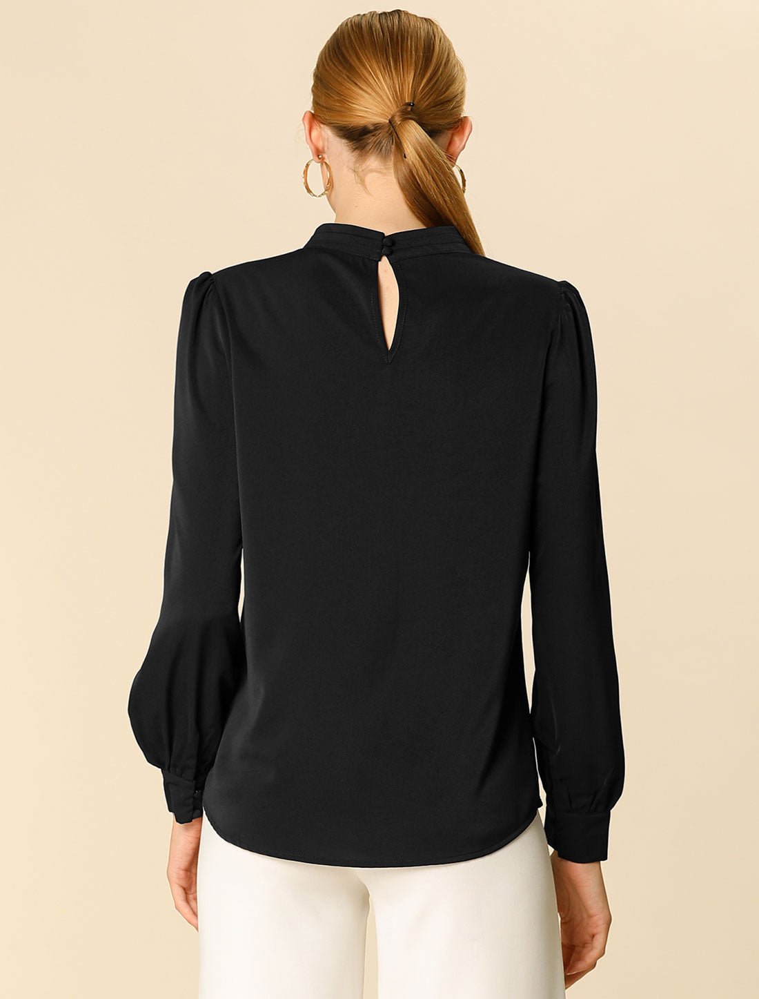 Allegra K Keyhole Elegant Stand Collar Long Sleeve Chiffon Office Blouse