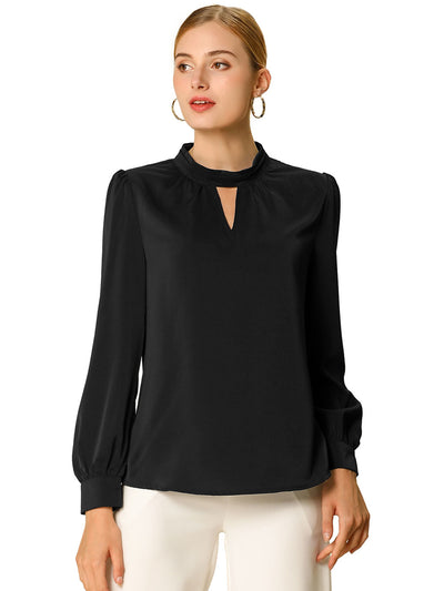 Keyhole Elegant Stand Collar Long Sleeve Chiffon Office Blouse