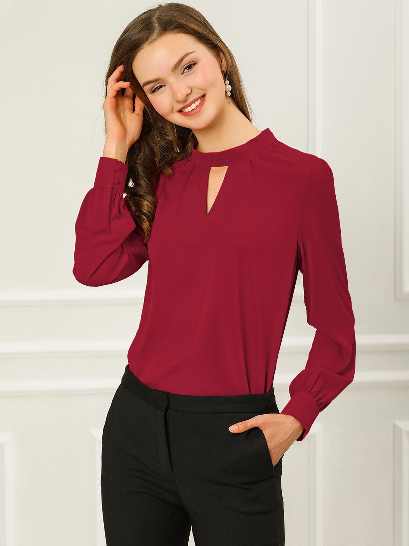 Allegra K Keyhole Elegant Stand Collar Long Sleeve Chiffon Office Blouse