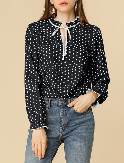 Bow Tie Neck Blouse Ruffled Collar Printed Long Sleeve Vintage Top