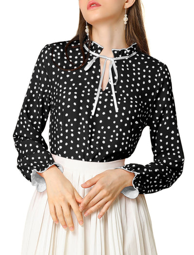 Bow Tie Neck Blouse Ruffled Collar Printed Long Sleeve Vintage Top