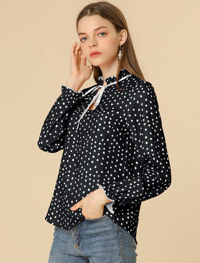 Bow Tie Neck Blouse Ruffled Collar Printed Long Sleeve Vintage Top