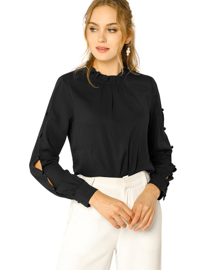 Chiffon Blouse Ruched Stand Collar Pearl Beaded Long Sleeve Work Top