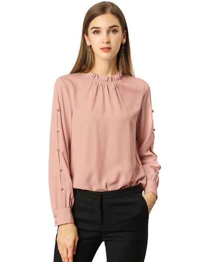 Chiffon Blouse Ruched Stand Collar Pearl Beaded Long Sleeve Work Top