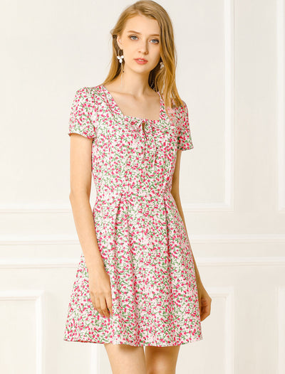 Printed Casual Square Neck Short Sleeve A-Line Dress