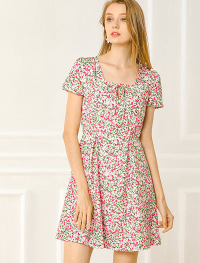 Printed Casual Square Neck Short Sleeve A-Line Dress