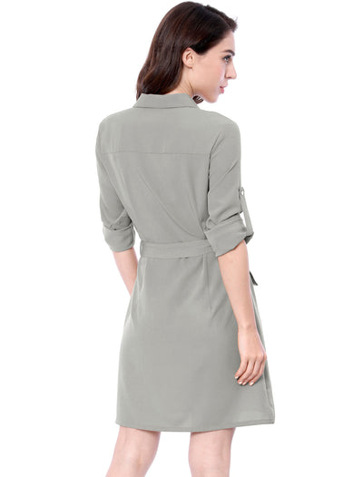 Roll Up Sleeve Multi-Pocket Safari Belted Collared Shirt Dress