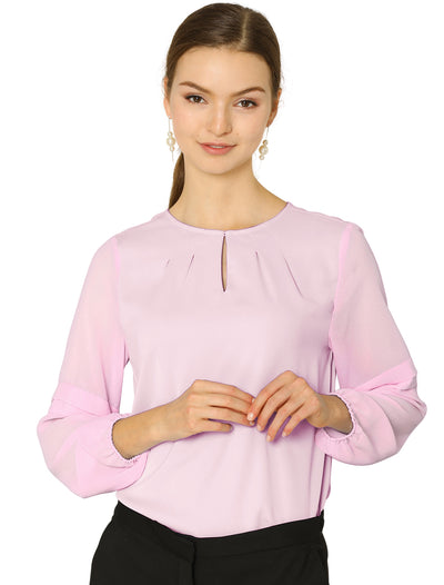 Chiffon Shirt Semi Sheer Keyhole Neck Elegant Blouse