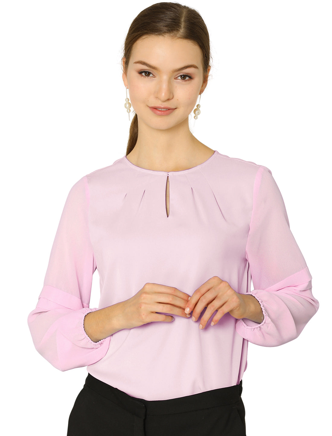 Allegra K Chiffon Shirt Semi Sheer Keyhole Neck Elegant Blouse