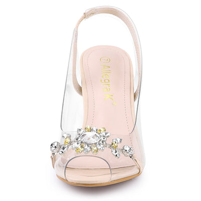 Clear Slingback Flower Rhinestone Peep Toe Heel Sandals